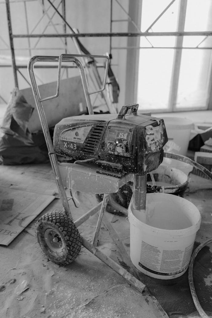 cta-bg Black and white image of a paint machine on a dusty construction site.