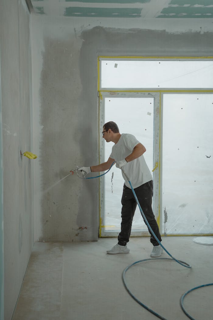 about-01 A man uses a spray gun to paint an interior wall in a room under renovation.